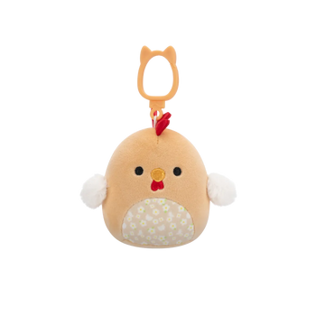 Squishmallows Clip-On Rutie el Gallo Marrón con Barriga de Flores, 9 cm