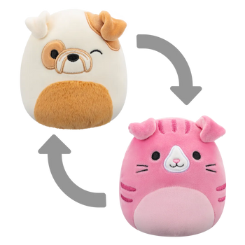 Squishmallows 2 en 1 Geraldine el Gato Fold Escocés/Brock el Bulldog, 13 cm