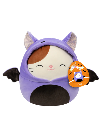 Squishmallows Cam el Gato con Disfraz de Murciélago Morado, 20 cm