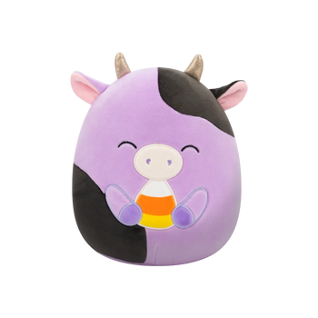 Squishmallows Alexie la Vaca Violeta con los Ojos Cerrados que Sujeta Maíz Dulce, 20 cm