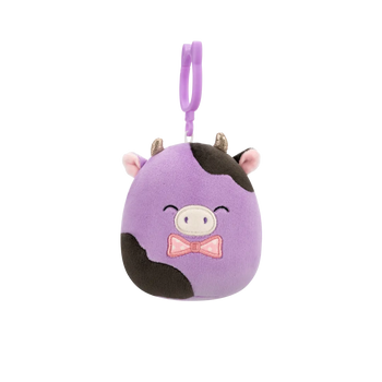 Squishmallows Clip-On Alexie la Vaca Morada y Negra con Pajarita, 9 cm