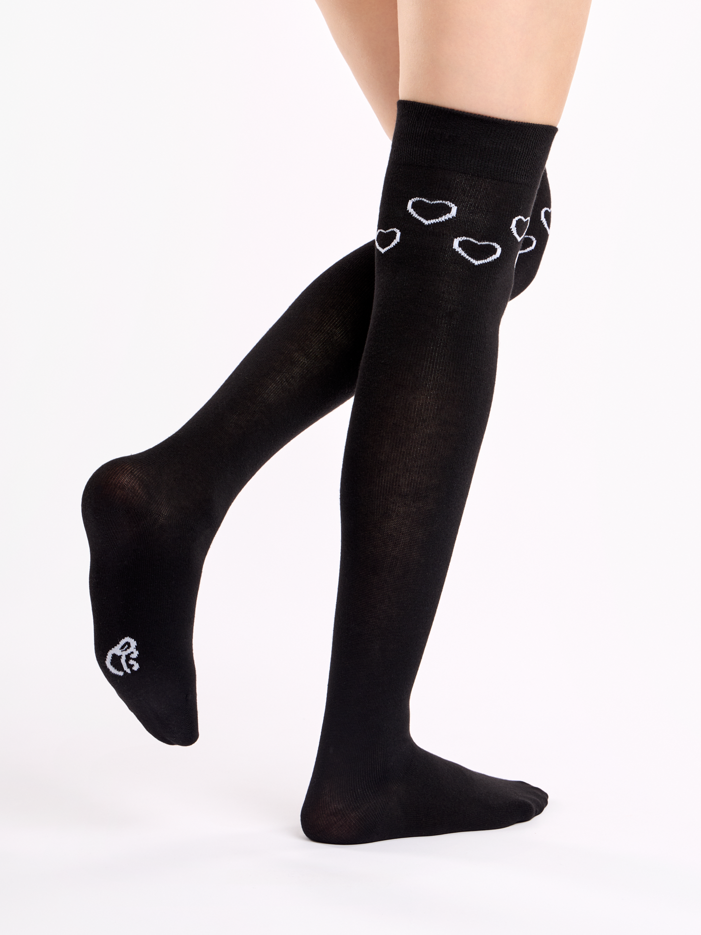 Calcetines alegres por encima de la rodilla Corazones en blanco y negro