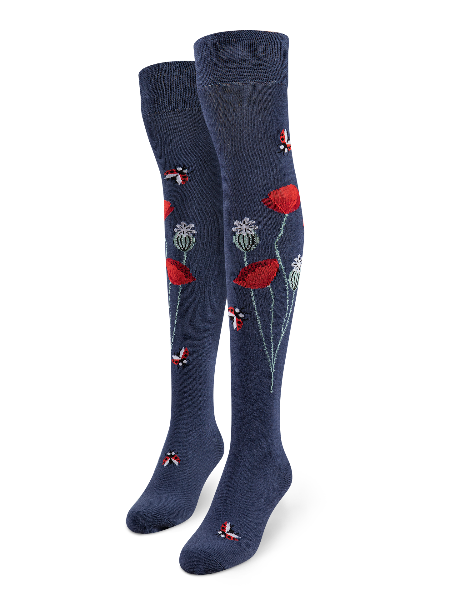 Calcetines alegres por encima de la rodilla Mariquitas y flores de amapola