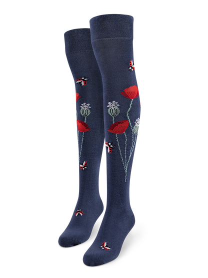 Calcetines alegres por encima de la rodilla Mariquitas y flores de amapola