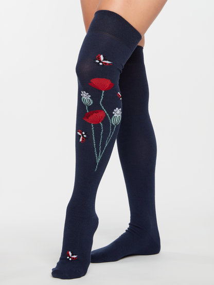 Calcetines alegres por encima de la rodilla Mariquitas y flores de amapola