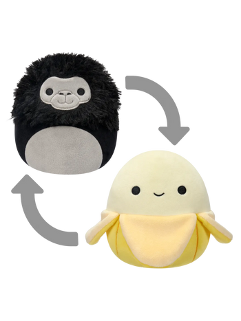 Squishmallows 2 en1 Junie, la Banana/Aron, el Gorila, 13 cm