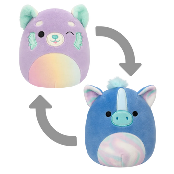 Squishmallows 2 en 1 Lexis el Panda Rojo Morado/Romano el Caballito de Mar Azul, 13 cm