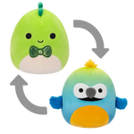 Squishmallows 2 en 1 Danny el Dinosaurio Verde/Baptise el Guacamayo Azul y Amarillo, 13 cm