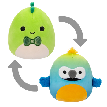Squishmallows 2 en 1 Danny el Dinosaurio Verde/Baptise el Guacamayo Azul y Amarillo, 13 cm